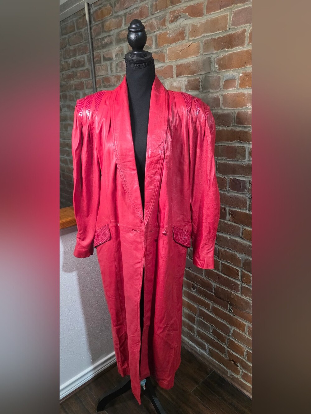VTG 80s Peter Caruso Red Leather Trench Coat Snakeskin Trim Accent Duster Jacket